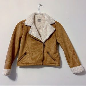 Tan Shearling Faux Suede Moro Biker Jacket